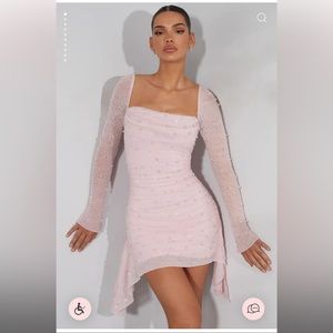 Long Sleeve Embellished Cowl Neck Mini Dress in Blush oh Polly